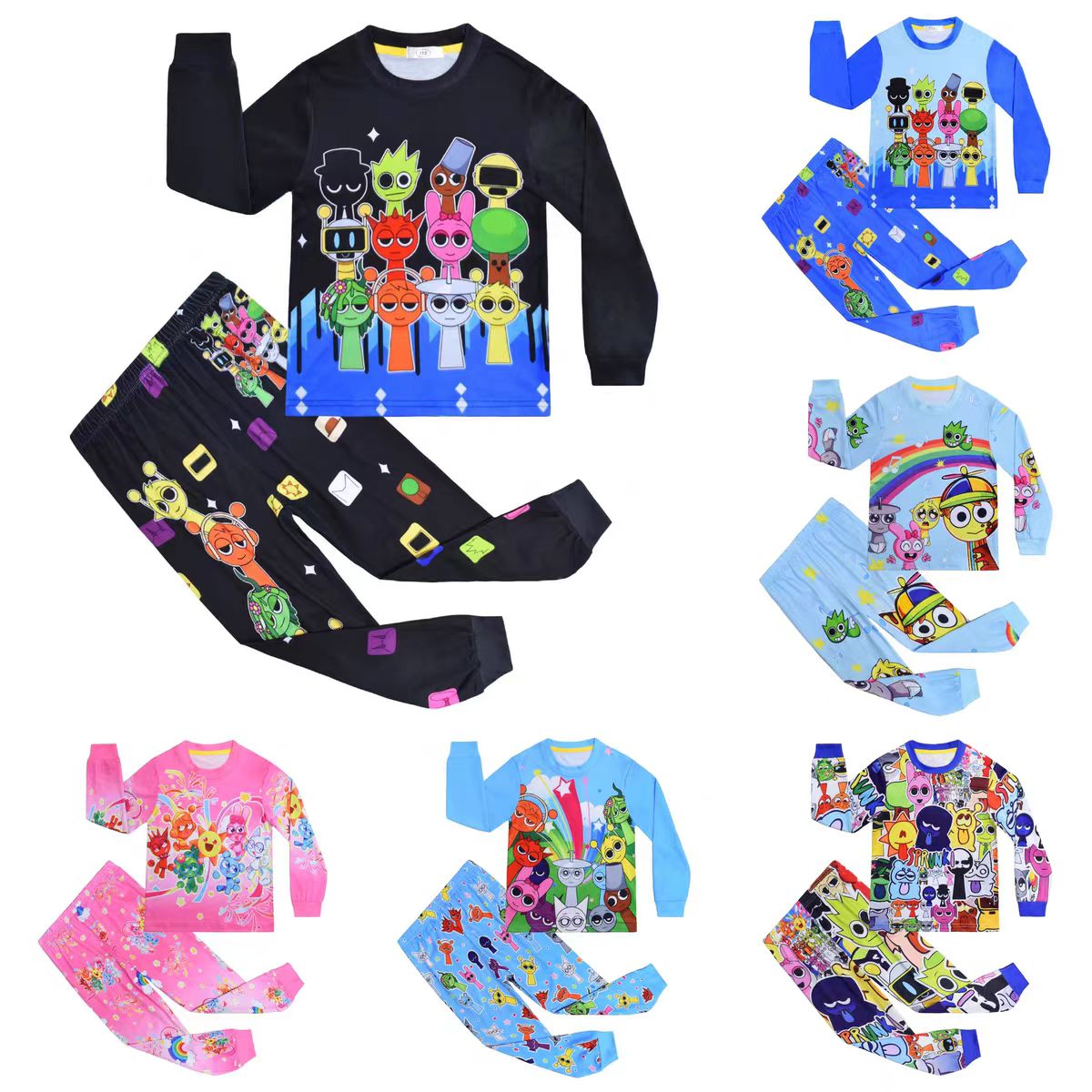 儿童节奏盒子sprunki睡衣家居服男女童长袖T恤长裤套装宝宝春秋装