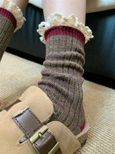 东大门秋冬新款 高级感女袜街头网红日系粗线针织蕾丝木耳边堆堆袜