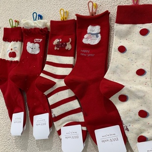 新年红色女袜子网红款波点卡通小熊小狗本命年春节过年条纹中筒袜