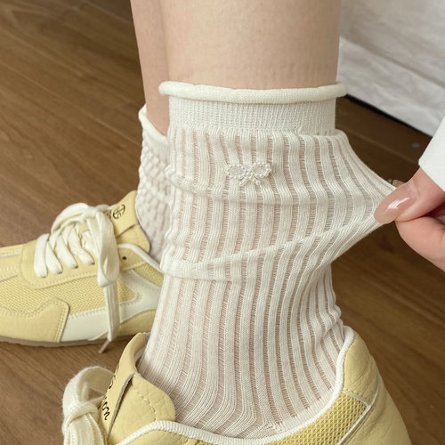 夏季微透轻奢珍珠蝴蝶结女袜子韩网红纯色坑条薄款透气卷边中筒袜