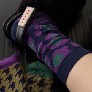 加厚保暖豹纹菱形格中筒堆堆袜 深紫色系针织女袜子东大门秋冬新款