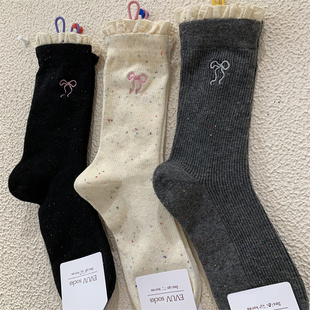 高级感蕾丝边女袜子韩东大门2024秋季新款点子纱刺绣蝴蝶结中筒袜