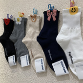 女袜子vivid 韩国秋季 新款 color植绒蝴蝶结笑脸爱心深蓝色中筒袜