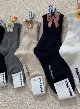 韩国秋季新款女袜子vivid color植绒蝴蝶结笑脸爱心深蓝色中筒袜
