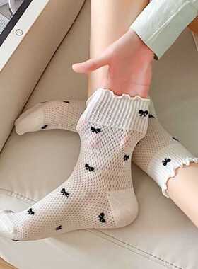 网眼镂空黑白色袜子女东大门春夏季木耳花边蝴蝶结微透透气中筒袜