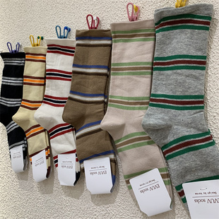 罗口松口袜子女韩东大门2024秋季新款棉质撞色条纹拼色横条中筒袜