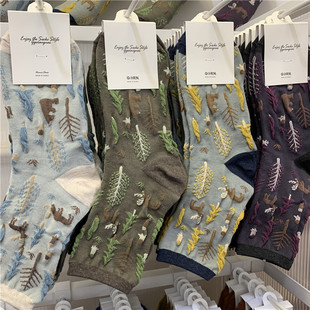 现货韩国女袜子东大门ggorangnae日系复古立体浮雕树木小鹿中筒袜