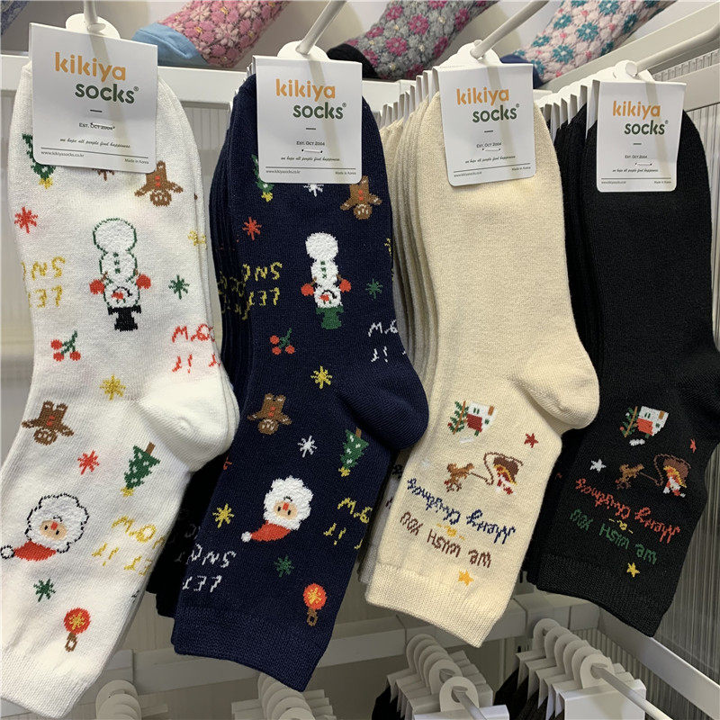 女士圣诞袜kikiya植绒字母圣诞老人圣诞树雪人中筒袜