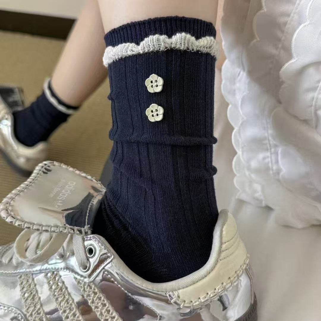 藏蓝色系女袜2025秋冬季新款格子荷叶木便便纽扣蝴蝶结条纹中筒袜