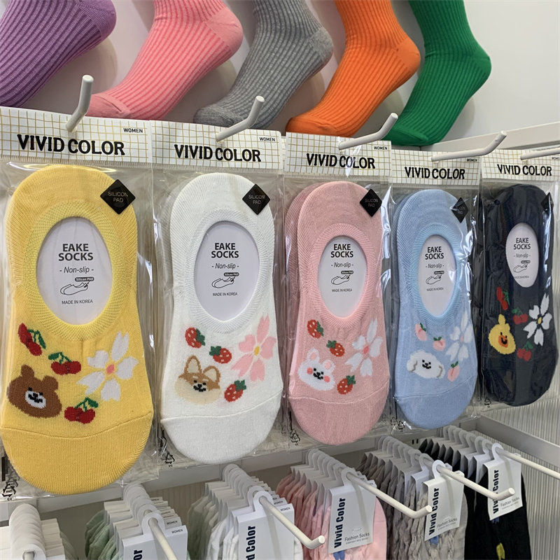 韩国女袜vivid color东大门学生卡通小熊水果隐形袜子防掉跟船袜