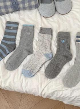 韩系清冷感灰色女袜子东大门网红款撞色条纹羊毛袜秋冬无骨中筒袜