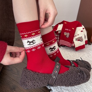 2026马年红色女袜子网红款卡通小马标签本命年新年好运过年中筒袜