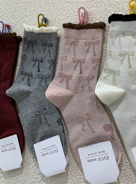 东大门网红安可拉红女袜2024秋冬新款木耳边蝴蝶结设计无骨中筒袜