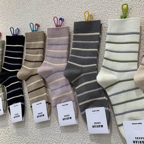 东大门撞色条纹中筒女袜堆堆袜
