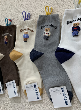 vivid color女士秋冬新款植绒卡通小熊韩东大门学院风中筒女袜子