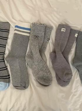 灰色系东大门韩系网红款女袜子秋冬加厚羊毛条纹蝴蝶结中筒堆堆袜