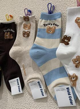 韩国东大门vivid color女袜子2025春季新款植绒卡通小熊中筒袜子