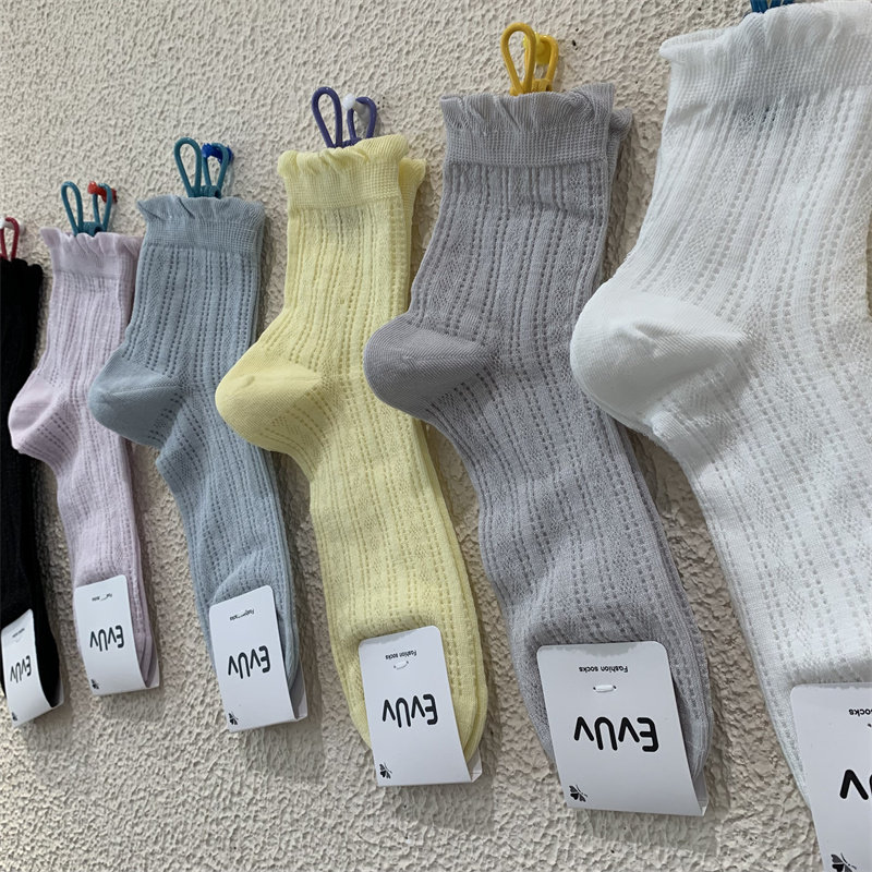 网红款韩系网眼透气纯色女袜春夏新款微透糖果色棉质薄款中短筒袜