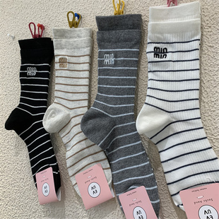 夏季微透长腰女袜子网红款韩系条纹刺绣字母min双层袜筒中筒袜