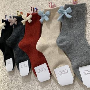 冬季新款网红羊毛女袜子韩街头袜筒立体系带蝴蝶结加厚保暖中筒袜