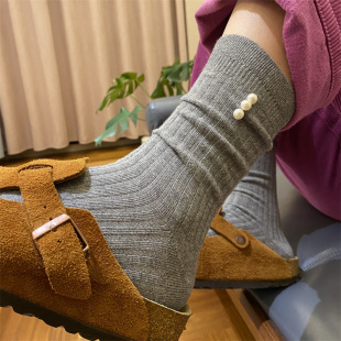 双针棉质针织纯色袜子女2024秋季新款韩东大门坑条侧边珍珠中筒袜