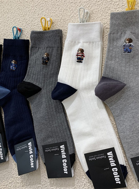 韩国东大门秋季新款男袜子vivid color英伦风卡通小狗坑条中筒袜