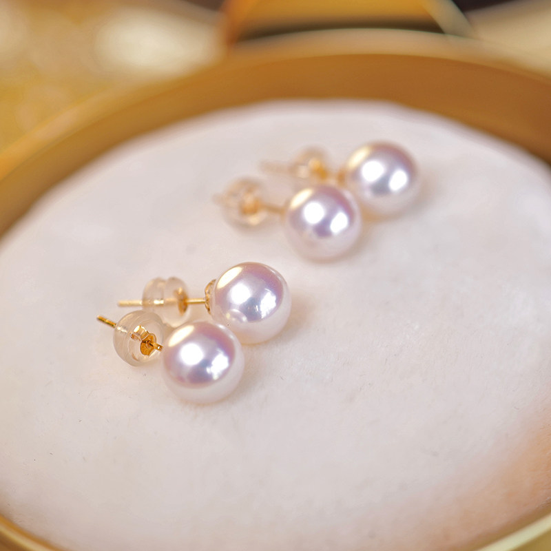 天然日本akoya海水珍珠耳环正圆海水珠18k耳钉6-8MM极强光