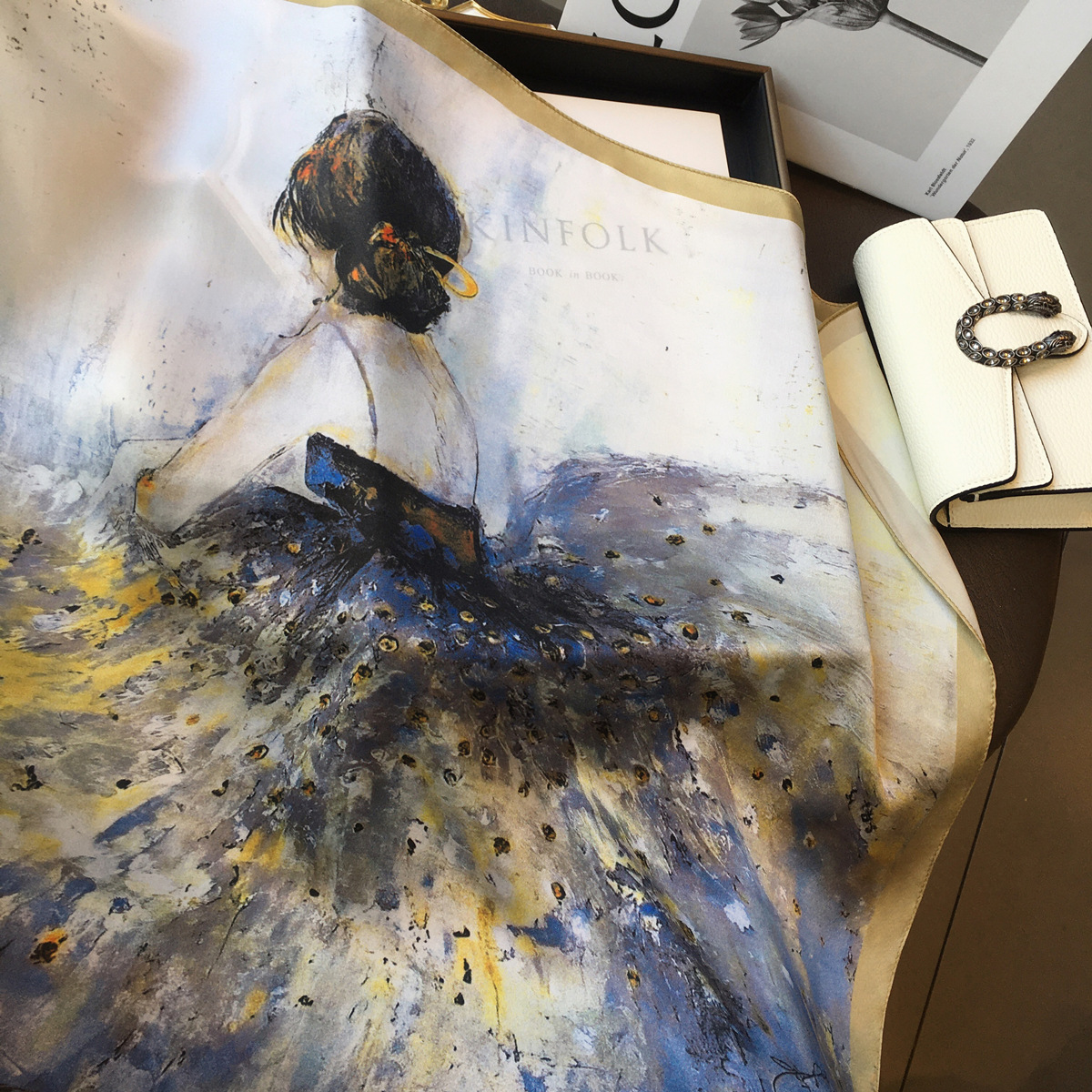 油畫風芭蕾裝飾領巾真絲圍巾100%桑蠶絲絲巾百搭披肩70cm方巾