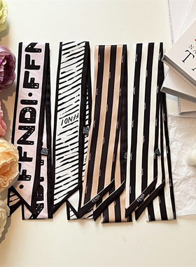 圆波点条纹长条小丝巾女编发带百搭细窄蓝黑白色法式2025新款飘带