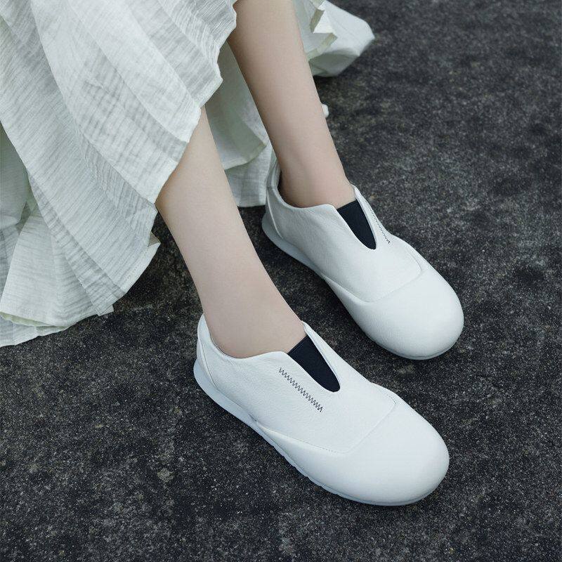 原创小众小白鞋2026春季新款真皮英伦风圆头软底浅口套脚女鞋单鞋