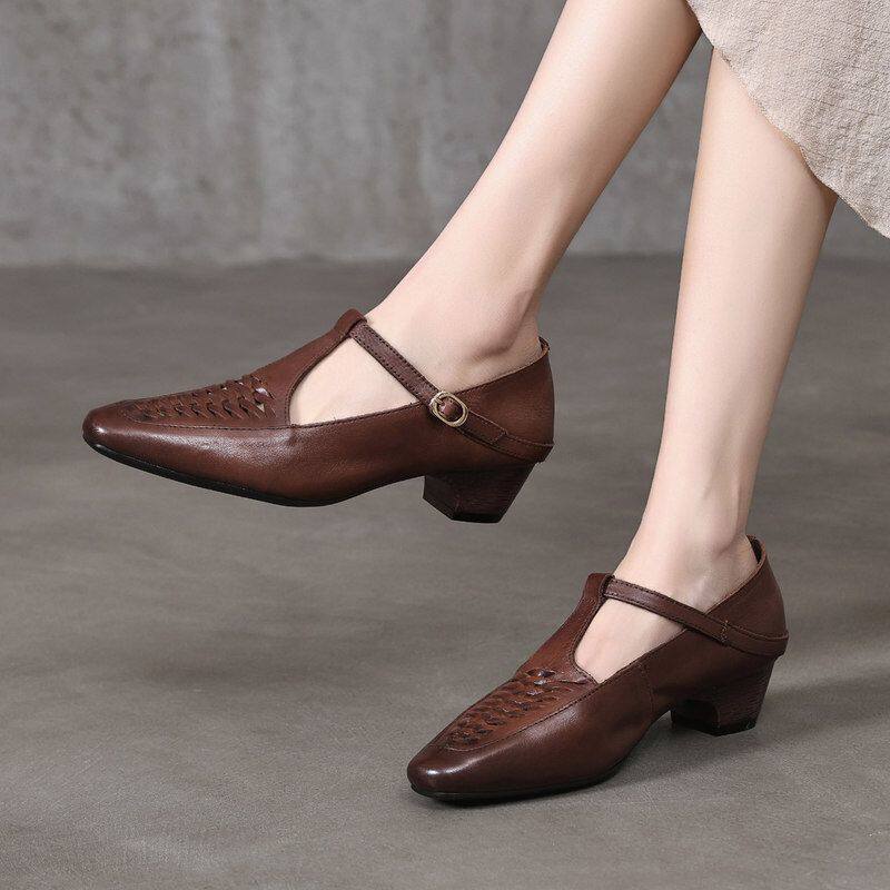 吉树26手工编织真皮玛丽珍鞋头层牛皮单鞋森系中跟鞋轻奢鱼骨鞋女