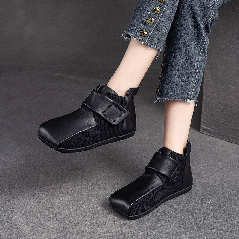 方头拉链单鞋纯色复古新款魔术贴秋季手工女时尚2025百搭牛皮擦色