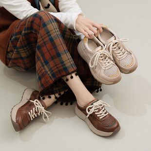 杰骤2026春季新款厚底透气网面拼色单鞋轻便舒服头层牛皮百搭女鞋