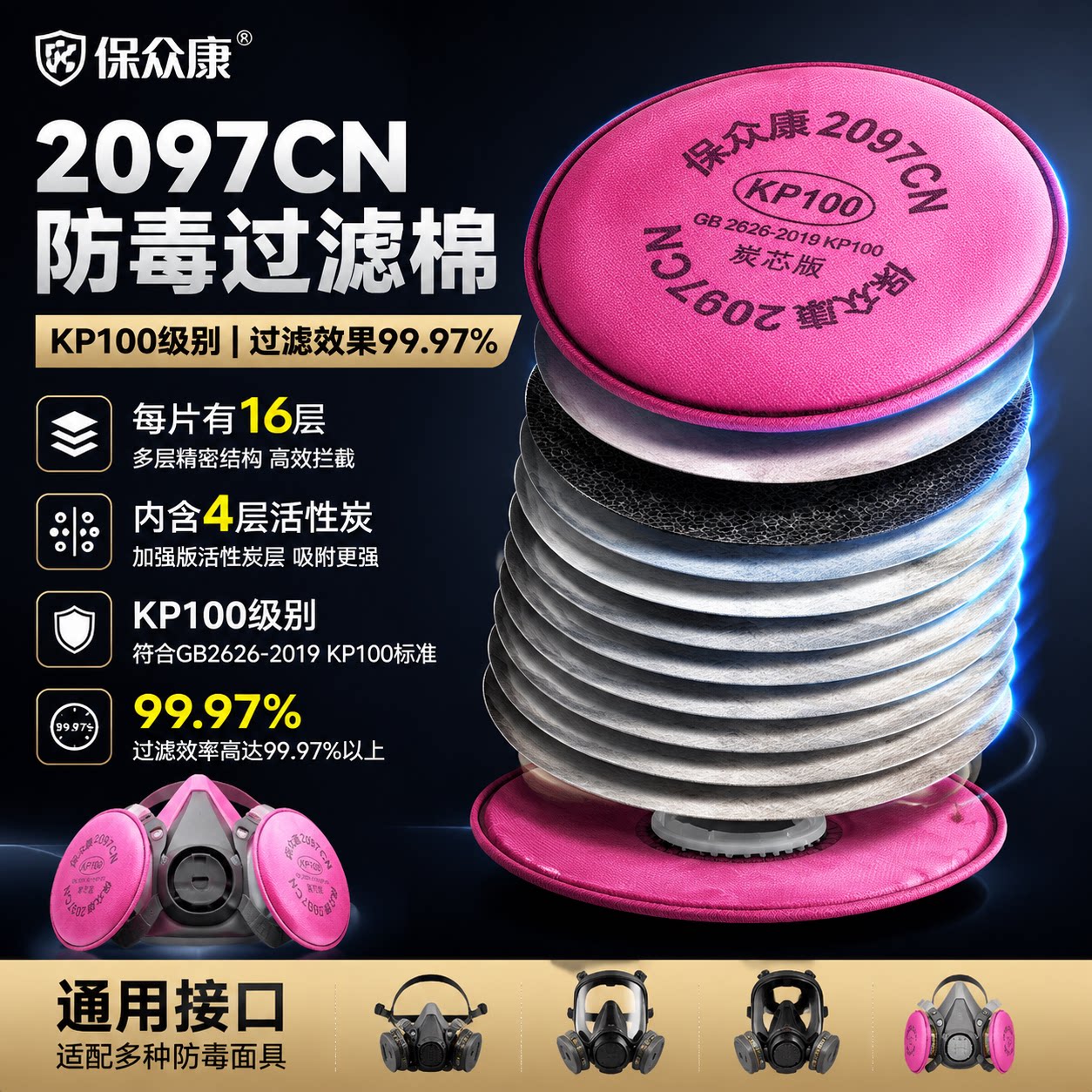 保众康2097CN过滤棉KP100级别四层活性炭加强版焊工二保焊烟防尘图片