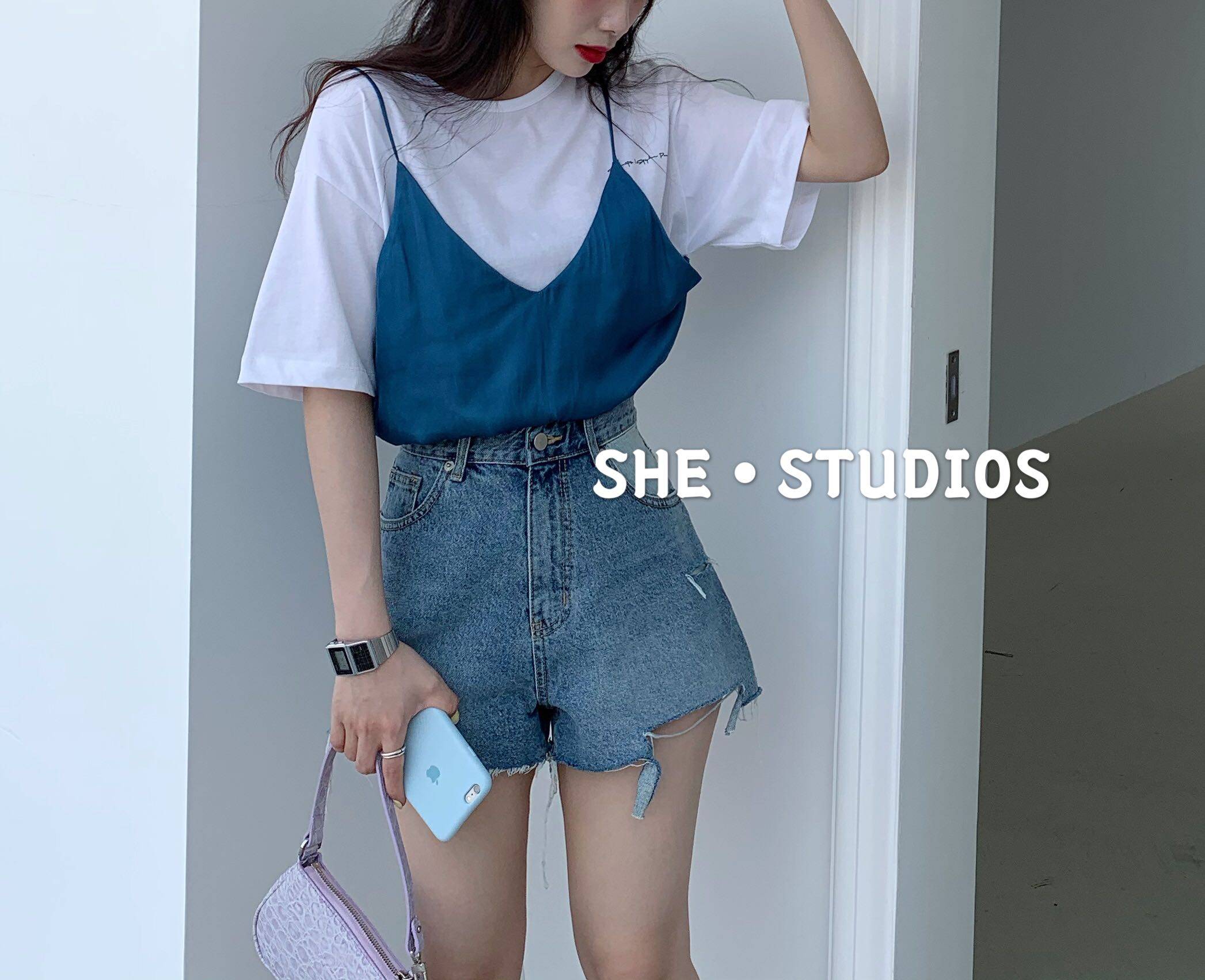 s&she/2020夏季新款韩版港风假两件吊带设计简约纯色上衣撞色T恤