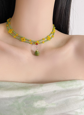 玻璃串珠陶瓷多层吊坠项链夏日多