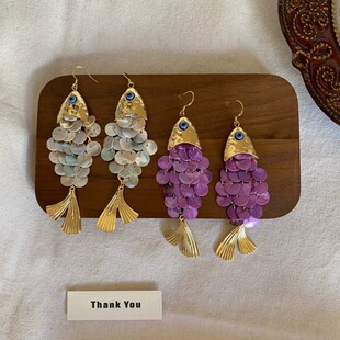 鱼形贝壳流苏耳环小众个性 复古耳钉夸张海边度假风气质耳饰批发女