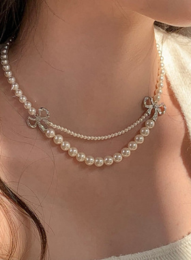 镶钻银色蝴蝶结双层珍珠锁骨链时