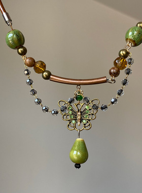 新中式复古镶钻绿色蝴蝶陶瓷串珠