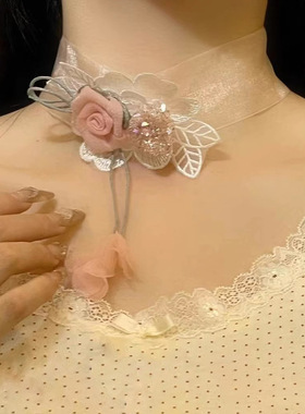 网纱立体雪纺花水晶吊坠项链甜美