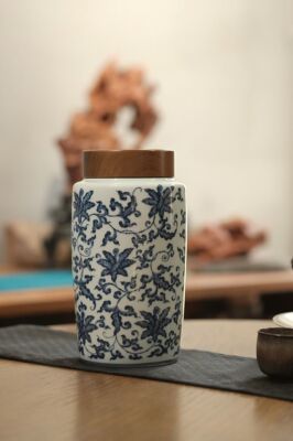 见欢集雍正青花缠枝宝相莲纹实木茶叶罐密封罐咖啡罐储物罐礼品