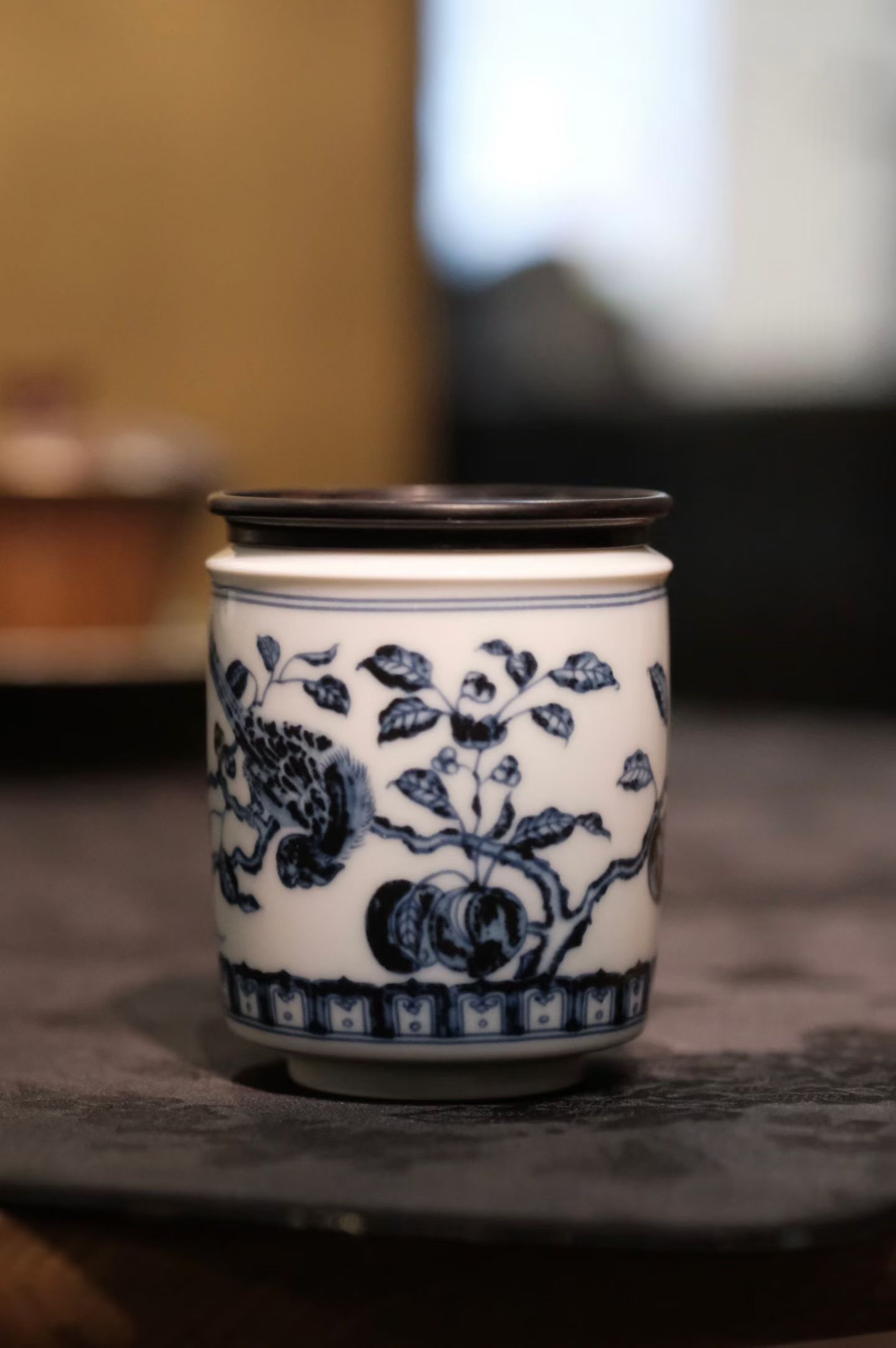 见欢集仿明青花折枝鹦鹉寿桃纹实木茶入 咖啡储物收纳罐 醒茶罐