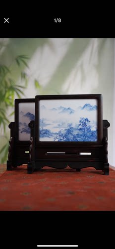 见欢集 青花文人画山水小砚屏 红木插屏 薄胎瓷版画 景德镇陶瓷