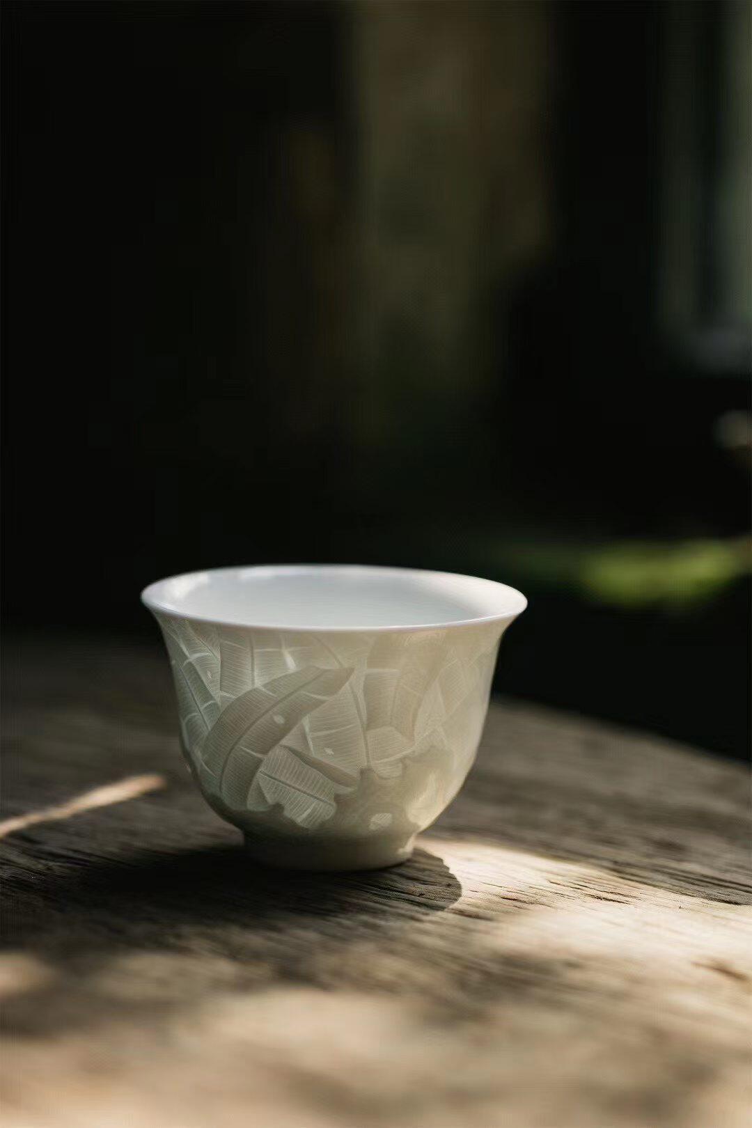 见欢集 真如堂影青雕刻洞石芭蕉家大业大主人杯 茶器高端礼品