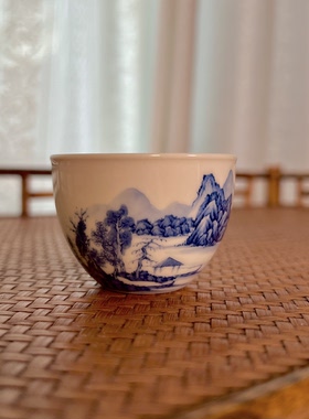 见欢集 青花红釉文人画山水迷你小缸杯 茶器 一人饮 景德镇陶瓷