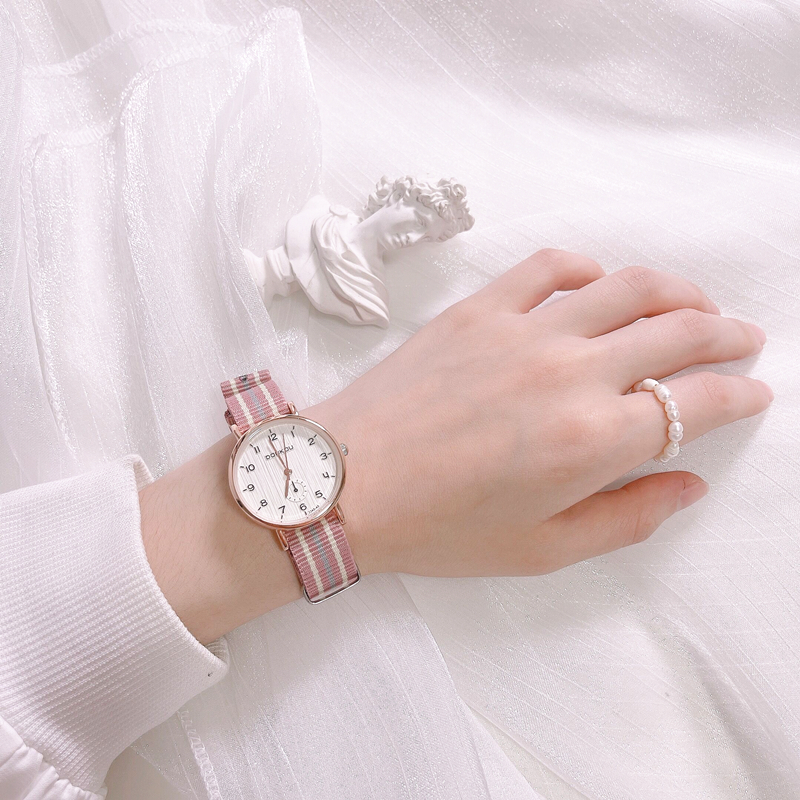小众设计中学生粉色手表女款ins风简约气质森系指针式帆布石英表