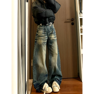 宽松休闲阔腿拖地裤 美式 新款 女2026春季 子 高街复古做旧弯刀牛仔裤