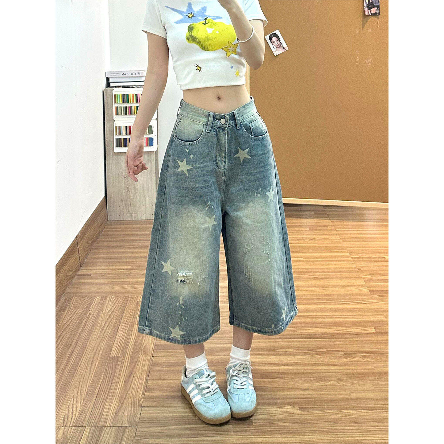 美式复古七分裤女夏薄款2026新款星星印花高腰宽松阔腿牛仔中短裤图片
