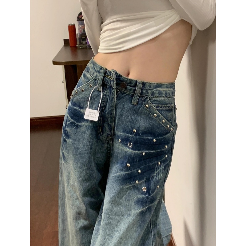 美式复古加长阔腿牛仔裤女2025秋冬新款钉珠高腰宽松显瘦直筒裤子