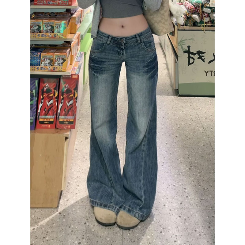 美式复古低腰阔腿牛仔裤女2025秋季新款宽松小个子辣妹微喇叭裤子
